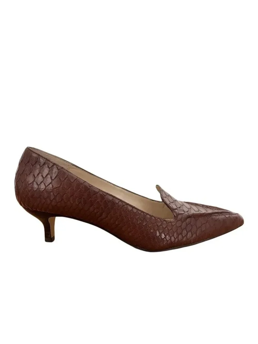 ADRIENNE VITTADINI Croc Embossed Pointed Toe Leather Kitten Heels Cognac SZ 8.5